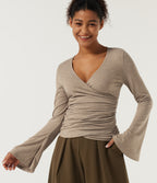 V Neck Flounce Long Sleeve Crossover Ruched Casual T-Shirt — Irish Cream — view 1