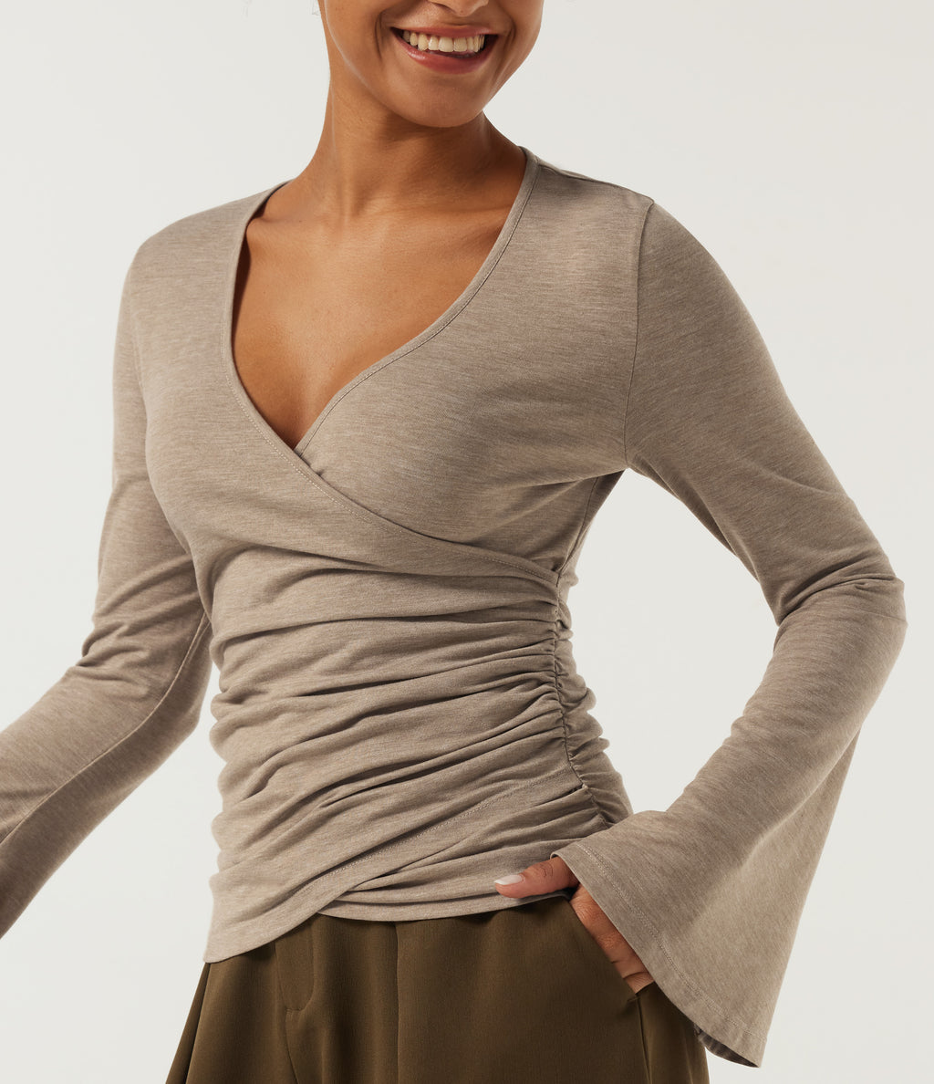 V Neck Flounce Long Sleeve Crossover Ruched Casual T-Shirt — Irish Cream — view 5