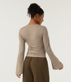 V Neck Flounce Long Sleeve Crossover Ruched Casual T-Shirt — Irish Cream — view 2