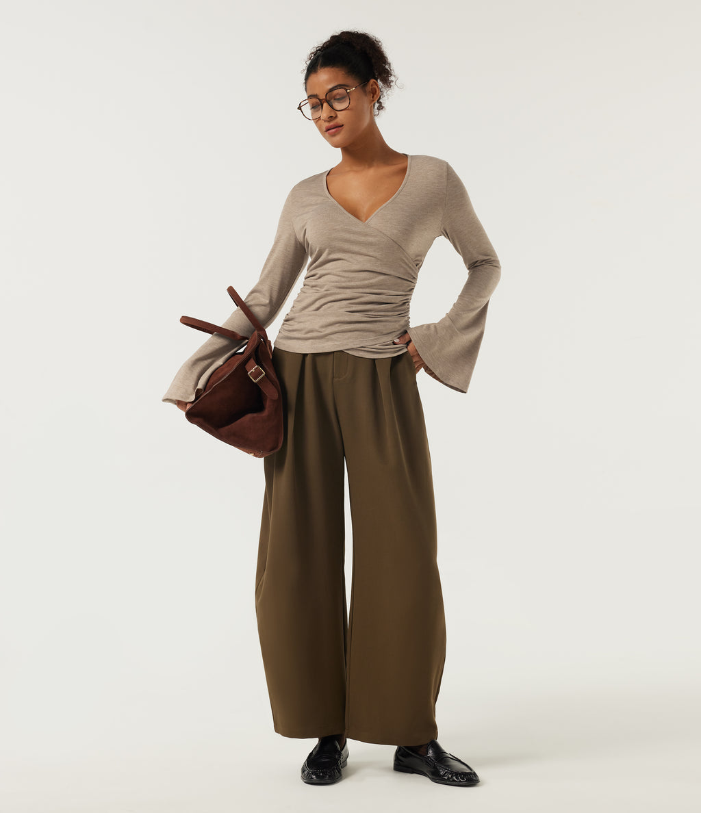 V Neck Flounce Long Sleeve Crossover Ruched Casual T-Shirt — Irish Cream — view 6