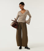 V Neck Flounce Long Sleeve Crossover Ruched Casual T-Shirt — Irish Cream — view 6