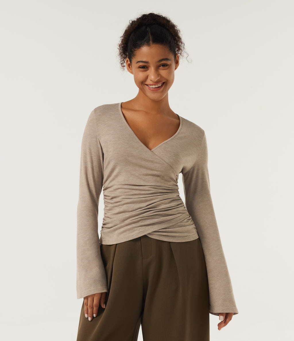 V Neck Flounce Long Sleeve Crossover Ruched Casual T-Shirt — Irish Cream — view 4