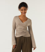 V Neck Flounce Long Sleeve Crossover Ruched Casual T-Shirt — Irish Cream — view 4