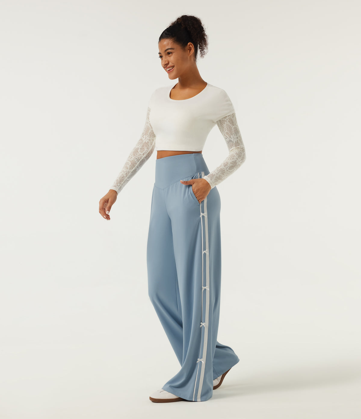 High Waisted Straight Leg Color Block Quick Dry Dance Trousers with Pockets-UPF40+ — Mountain Spring — view 7