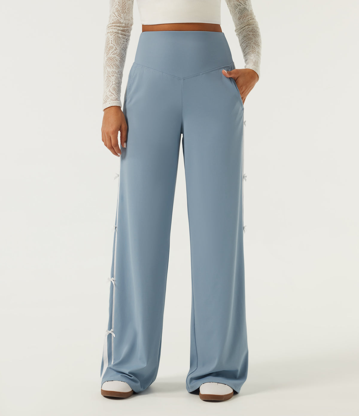 High Waisted Straight Leg Color Block Quick Dry Dance Trousers with Pockets-UPF40+ — Mountain Spring — view 3