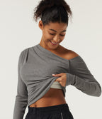 High Stretch Ribbed Knit One Shoulder Long Sleeve Built-in Bra Ruched Casual Top — Fog Gray — view 1