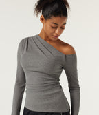 High Stretch Ribbed Knit One Shoulder Long Sleeve Built-in Bra Ruched Casual Top — Fog Gray — view 6