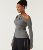 High Stretch Ribbed Knit One Shoulder Long Sleeve Built-in Bra Ruched Casual Top — Fog Gray — view 5