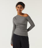 High Stretch Ribbed Knit One Shoulder Long Sleeve Built-in Bra Ruched Casual Top — Fog Gray — view 4
