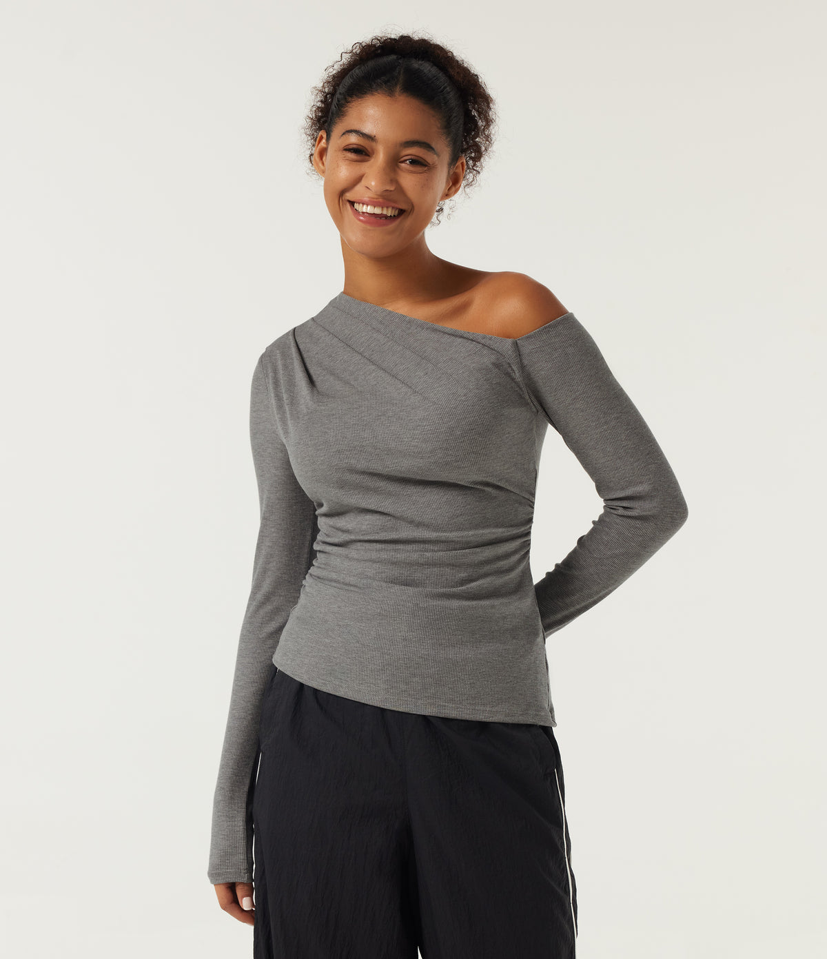 High Stretch Ribbed Knit One Shoulder Long Sleeve Built-in Bra Ruched Casual Top — Fog Gray — view 4
