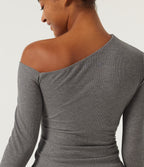 High Stretch Ribbed Knit One Shoulder Long Sleeve Built-in Bra Ruched Casual Top — Fog Gray — view 7