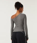 High Stretch Ribbed Knit One Shoulder Long Sleeve Built-in Bra Ruched Casual Top — Fog Gray — view 2