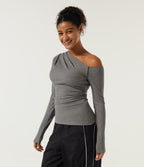 High Stretch Ribbed Knit One Shoulder Long Sleeve Built-in Bra Ruched Casual Top — Fog Gray — view 3