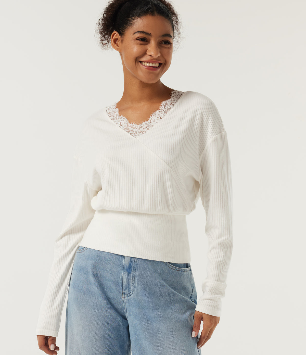 V Neck Long Sleeve Contrast Lace Casual Top — Candied Cloud — view 1