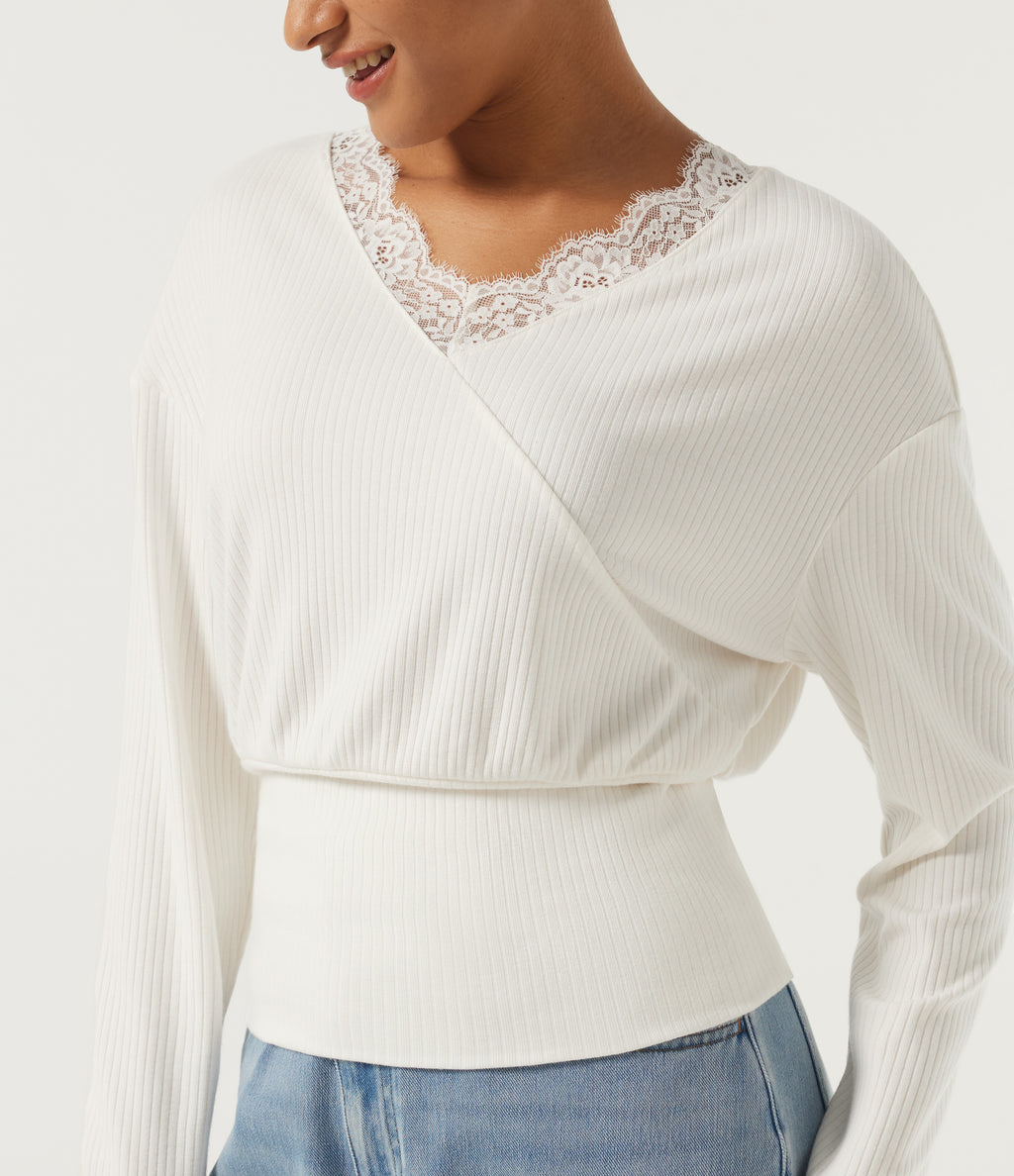 V Neck Long Sleeve Contrast Lace Casual Top — Candied Cloud — view 5