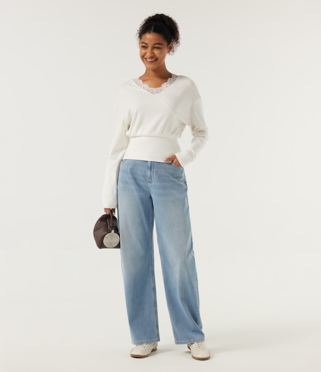 V Neck Long Sleeve Contrast Lace Casual Top — Candied Cloud — view 8