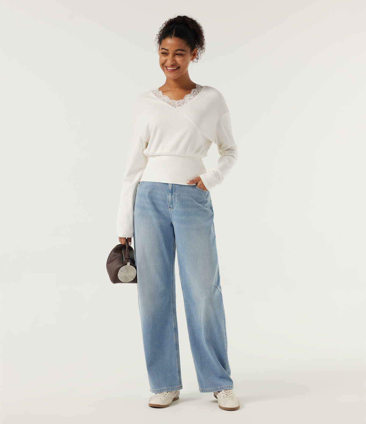 V Neck Long Sleeve Contrast Lace Casual Top — Candied Cloud — view 8