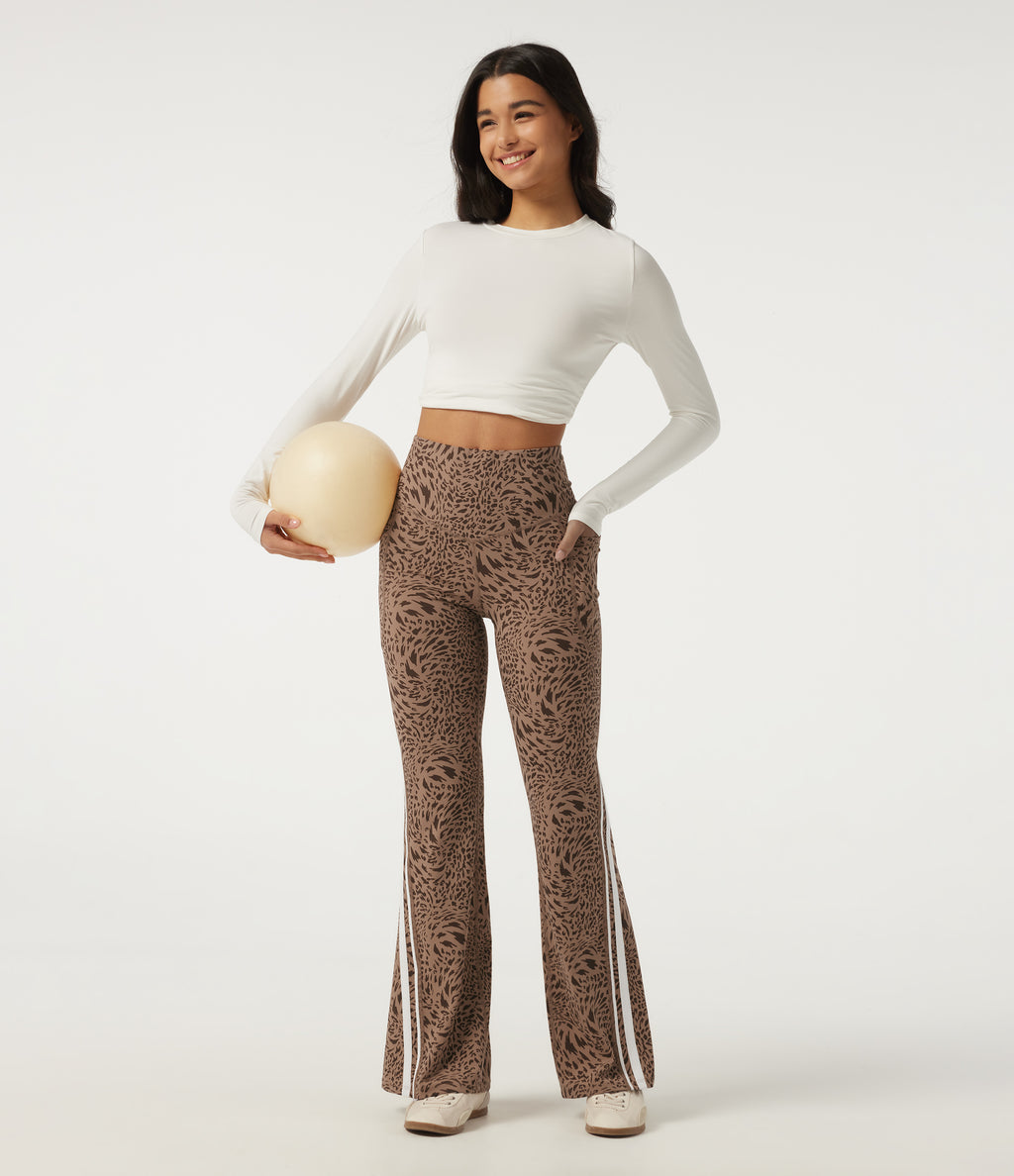 Leopard Print High Waisted Tummy Control Side Stripe Bootcut Yoga Leggings with Pockets — Flow Leopard — view 7