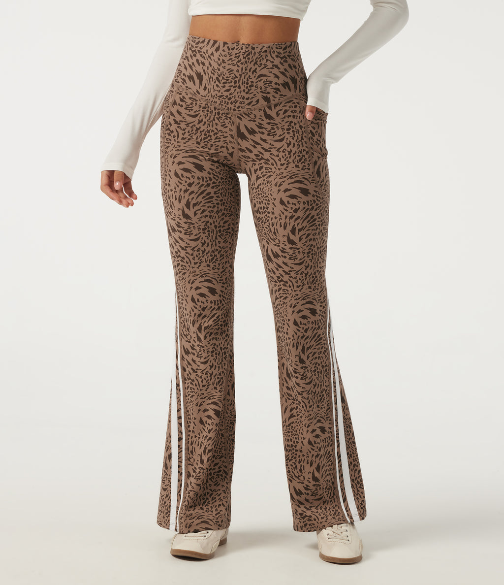 Leopard Print High Waisted Tummy Control Side Stripe Bootcut Yoga Leggings with Pockets — Flow Leopard — view 3
