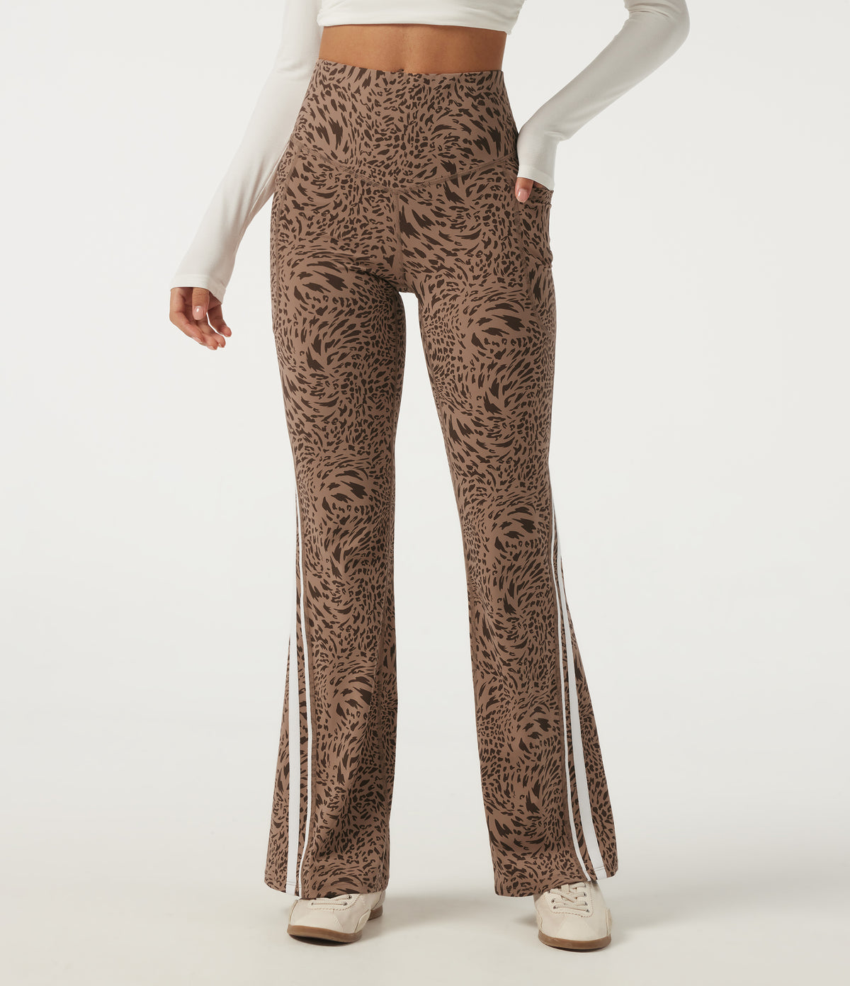 Leopard Print High Waisted Tummy Control Side Stripe Bootcut Yoga Leggings with Pockets — Flow Leopard — view 3