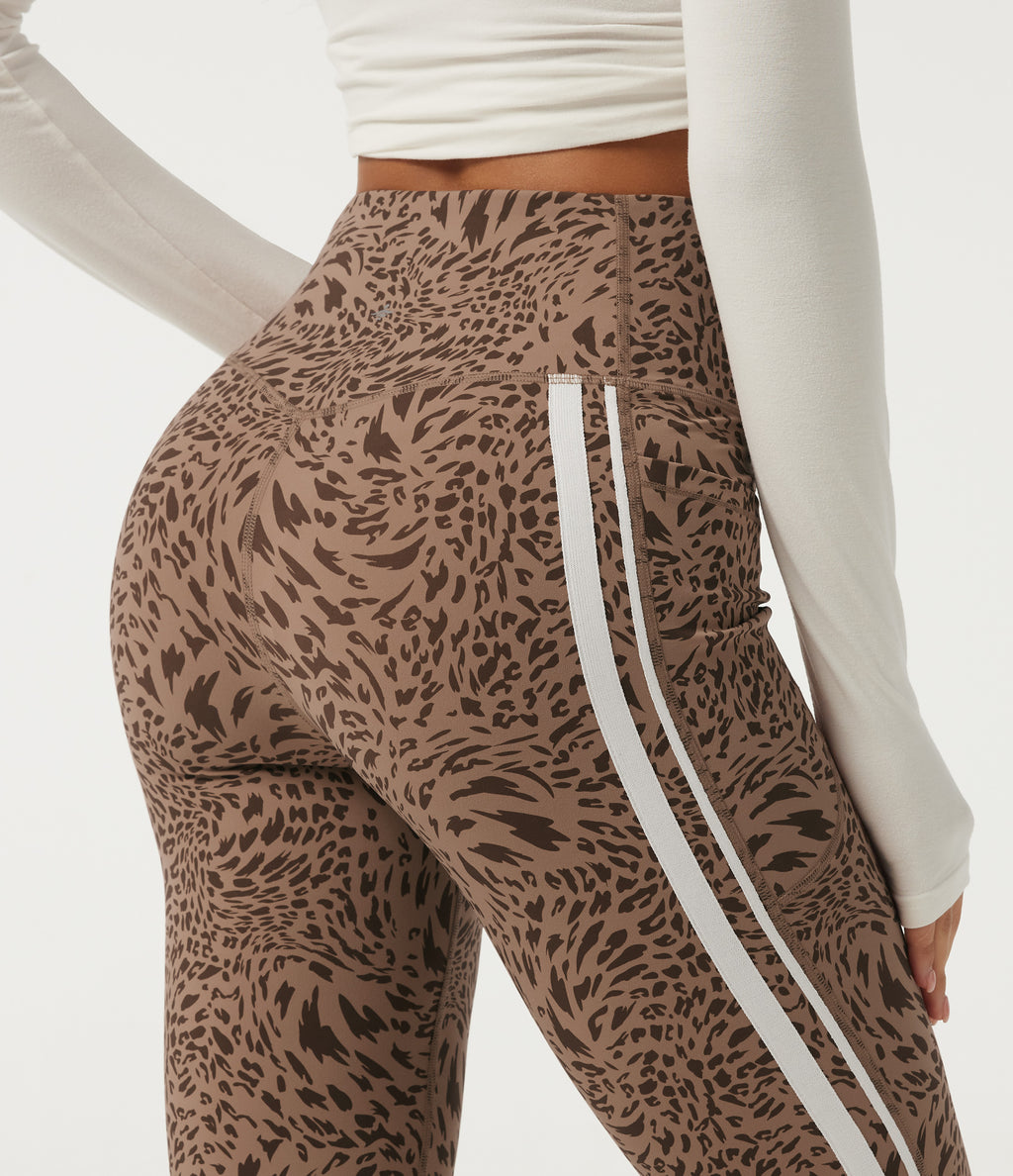 Leopard Print High Waisted Tummy Control Side Stripe Bootcut Yoga Leggings with Pockets — Flow Leopard — view 5