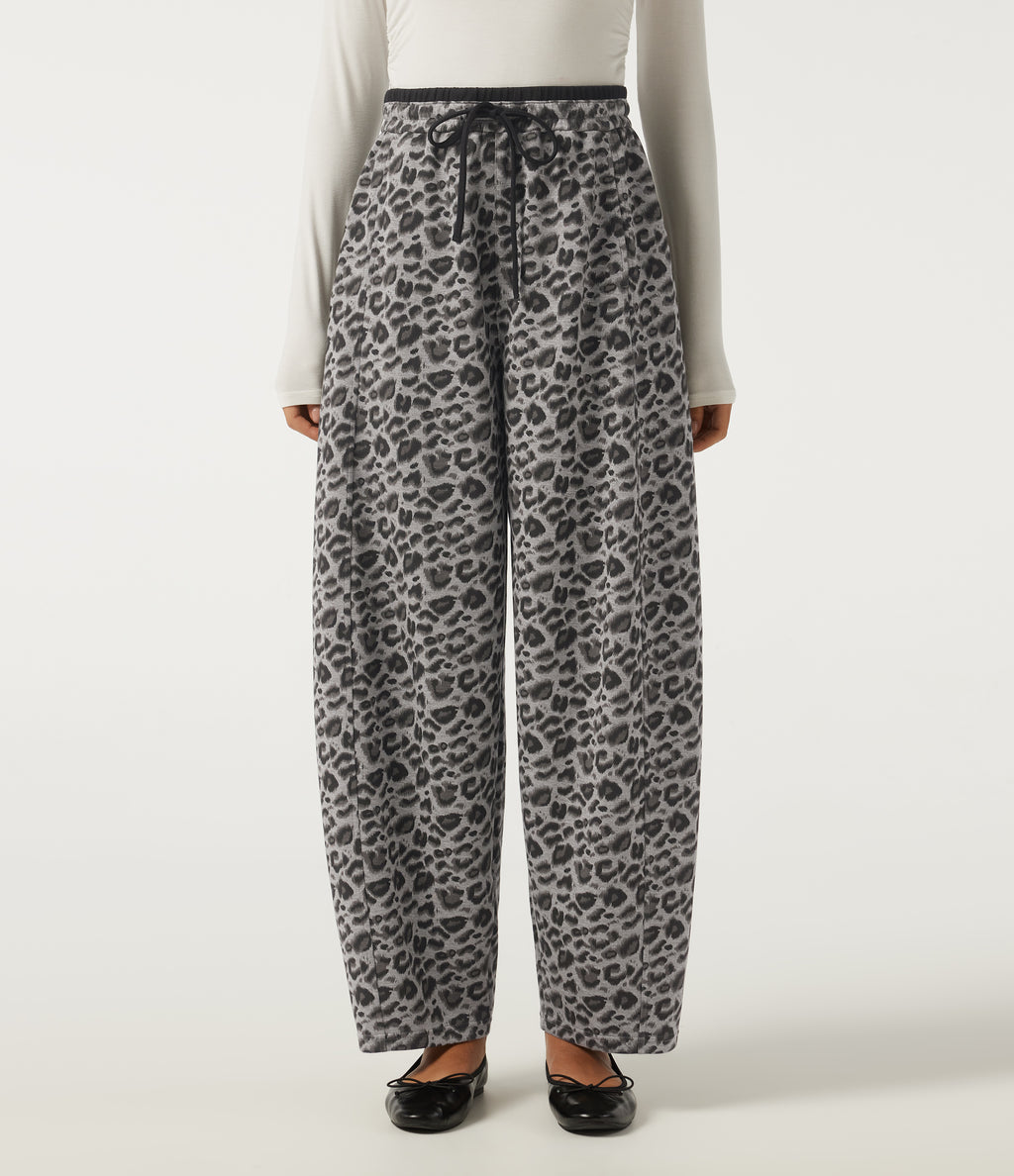 High Waisted Leopard Print Drawstring Barrel Leg Casual Trousers with Pockets — Silver Leopard Print — view 1