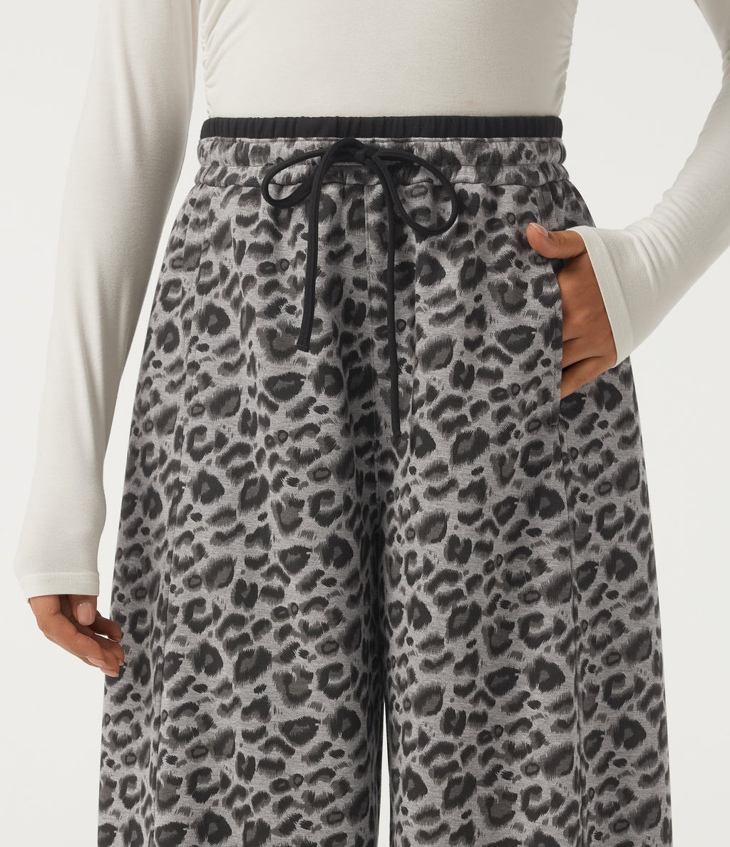 High Waisted Leopard Print Drawstring Barrel Leg Casual Trousers with Pockets — Silver Leopard Print — view 4