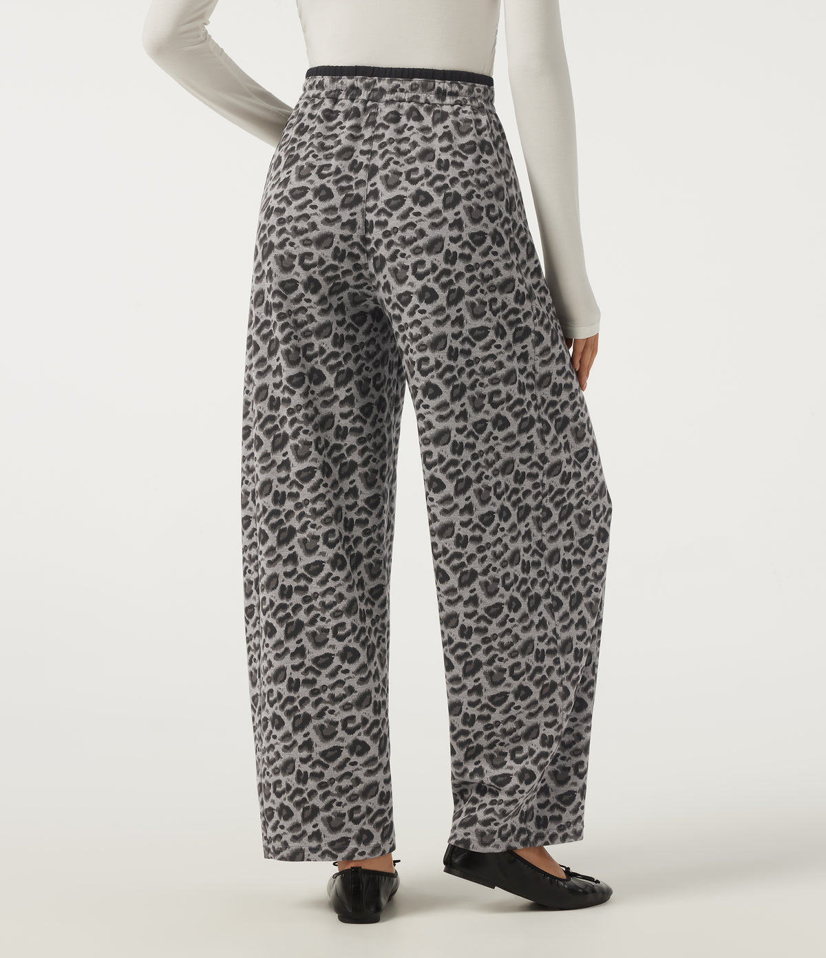 High Waisted Leopard Print Drawstring Barrel Leg Casual Trousers with Pockets — Silver Leopard Print — view 2