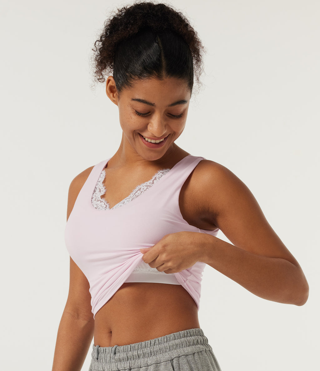 InstantCool U Neck Built-in Bra Contrast Lace Slim Lounge Tank Top — Parfait Pink — view 5