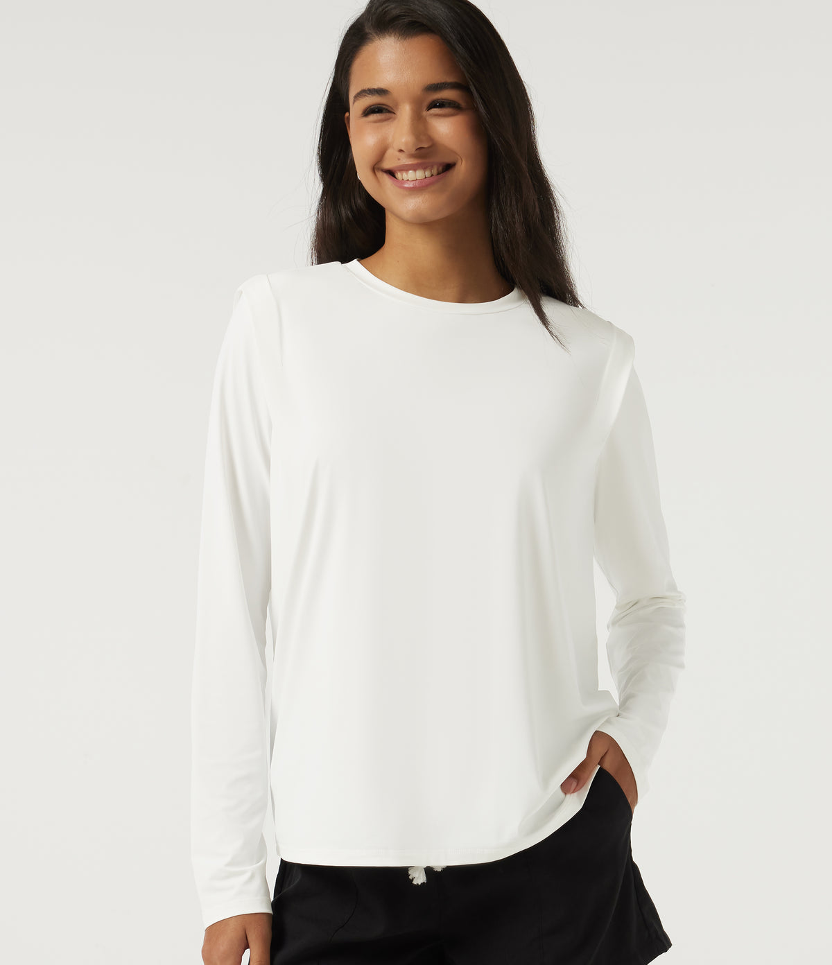InstantCool Quick Dry Round Neck Relaxed Long Sleeve Boxy Casual Top — White — view 1