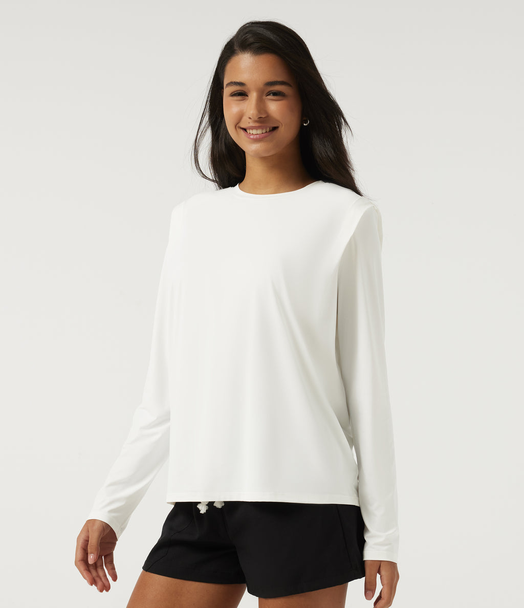 InstantCool Quick Dry Round Neck Relaxed Long Sleeve Boxy Casual Top — White — view 3