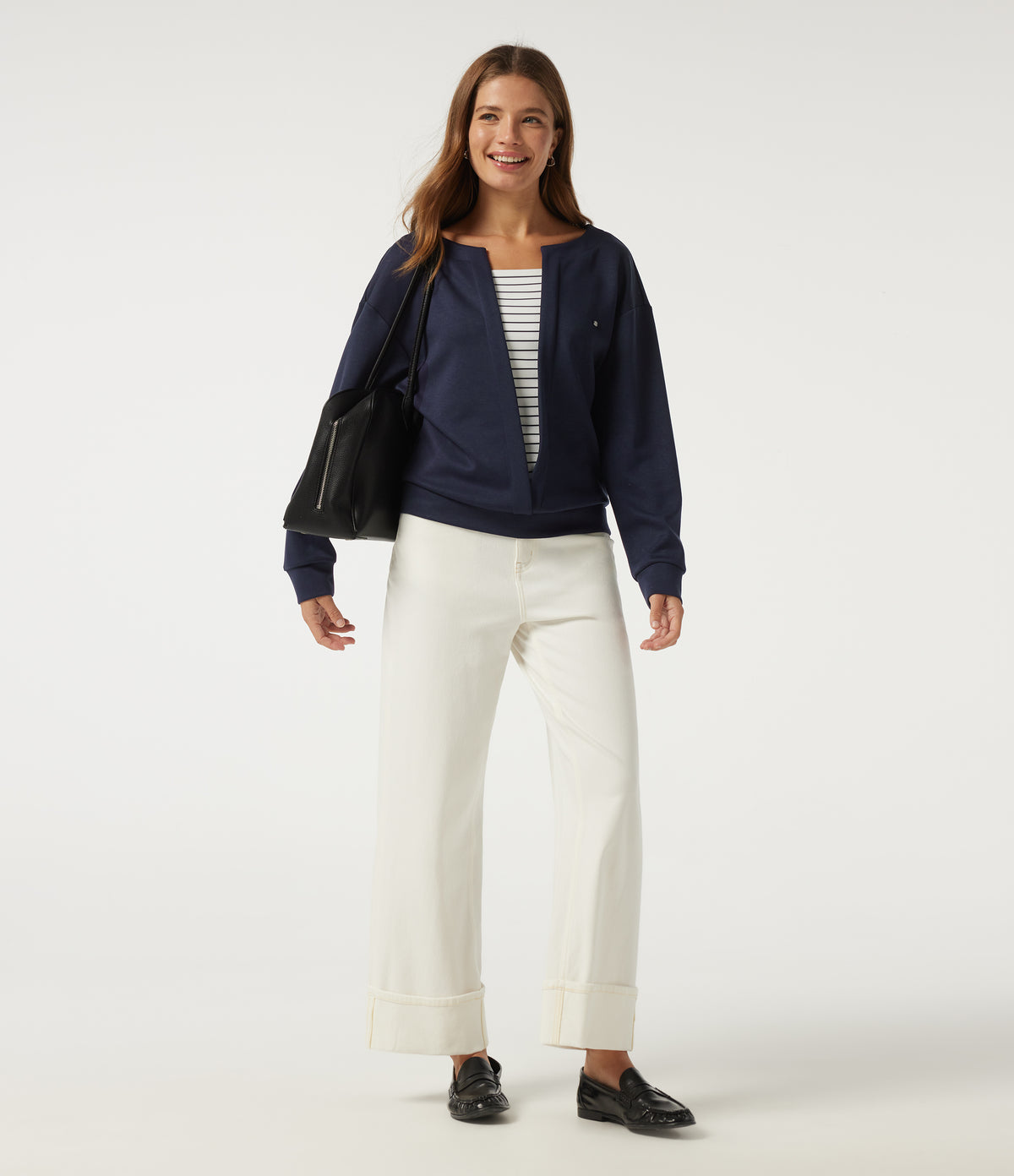 V Neck Dropped Long Sleeve Stripe Color Block Casual Pullover Sweatshirt — Midnight Blue — view 6