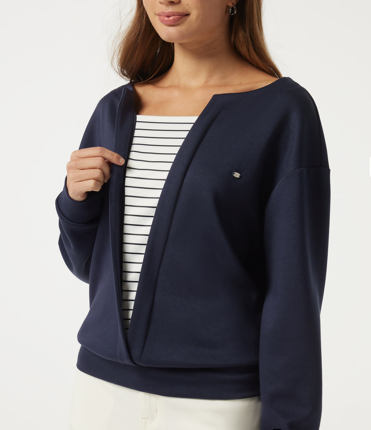 V Neck Dropped Long Sleeve Stripe Color Block Casual Pullover Sweatshirt — Midnight Blue — view 5