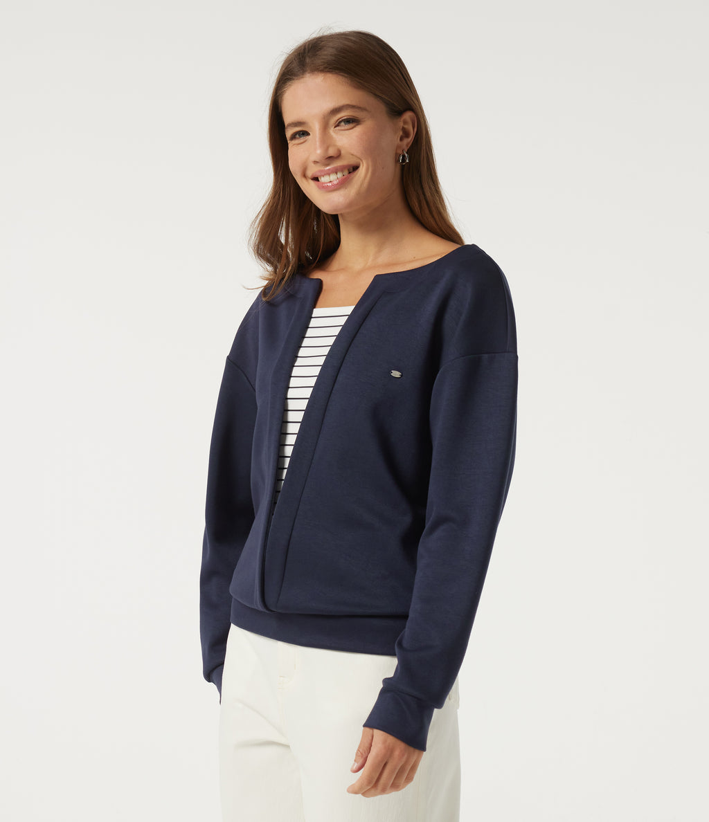 V Neck Dropped Long Sleeve Stripe Color Block Casual Pullover Sweatshirt — Midnight Blue — view 3