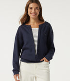 V Neck Dropped Long Sleeve Stripe Color Block Casual Pullover Sweatshirt — Midnight Blue — view 1