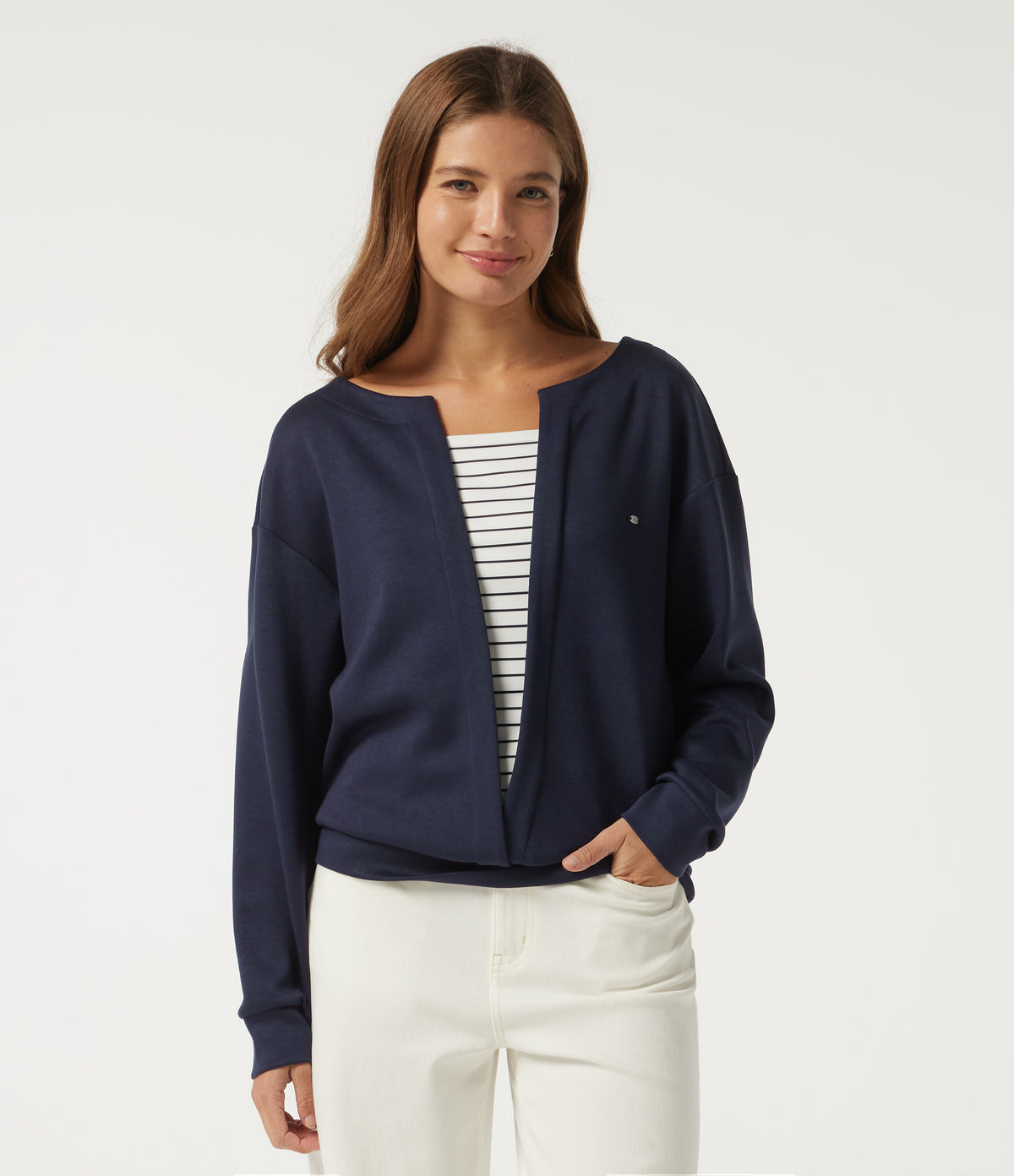 V Neck Dropped Long Sleeve Stripe Color Block Casual Pullover Sweatshirt — Midnight Blue — view 4