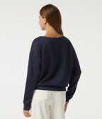V Neck Dropped Long Sleeve Stripe Color Block Casual Pullover Sweatshirt — Midnight Blue — view 2