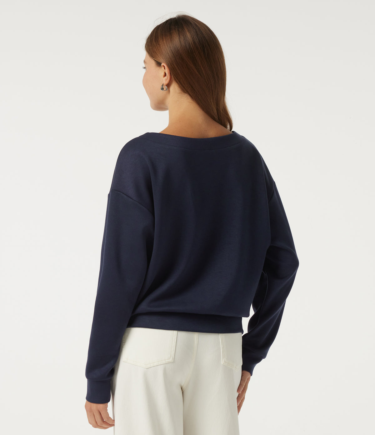 V Neck Dropped Long Sleeve Stripe Color Block Casual Pullover Sweatshirt — Midnight Blue — view 2