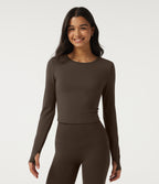 Plush Round Neck Long Sleeve Backless Ruched Yoga Sports Top with Thumb Holes — Chocolate Martini — view 2