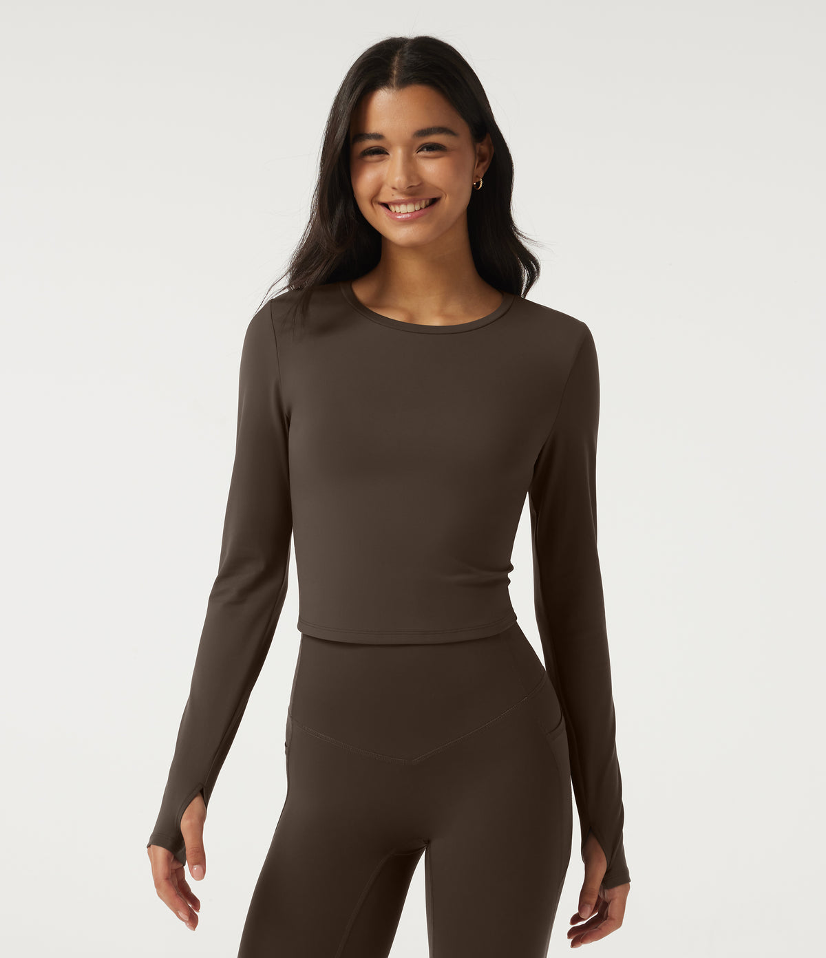Plush Round Neck Long Sleeve Backless Ruched Yoga Sports Top with Thumb Holes — Chocolate Martini — view 2