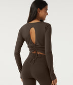 Plush Round Neck Long Sleeve Backless Ruched Yoga Sports Top with Thumb Holes — Chocolate Martini — view 1