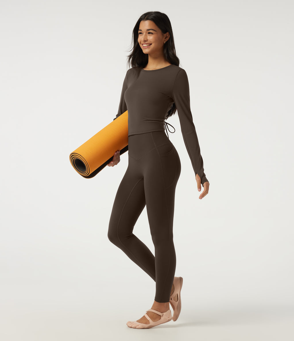 Plush Round Neck Long Sleeve Backless Ruched Yoga Sports Top with Thumb Holes — Chocolate Martini — view 7