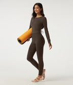 Plush Round Neck Long Sleeve Backless Ruched Yoga Sports Top with Thumb Holes — Chocolate Martini — view 7