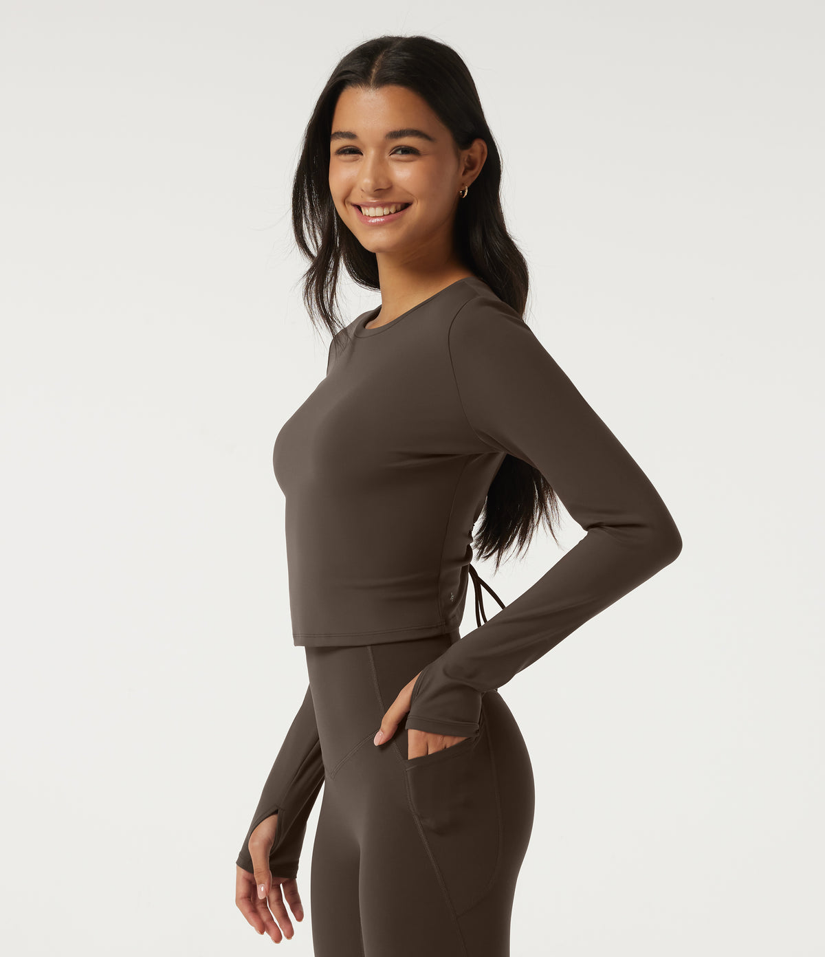Plush Round Neck Long Sleeve Backless Ruched Yoga Sports Top with Thumb Holes — Chocolate Martini — view 3