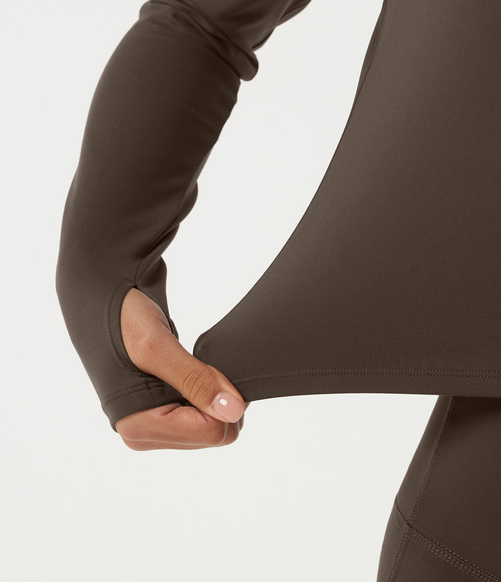 Plush Round Neck Long Sleeve Backless Ruched Yoga Sports Top with Thumb Holes — Chocolate Martini — view 6