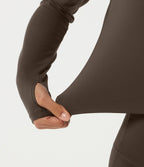 Plush Round Neck Long Sleeve Backless Ruched Yoga Sports Top with Thumb Holes — Chocolate Martini — view 6