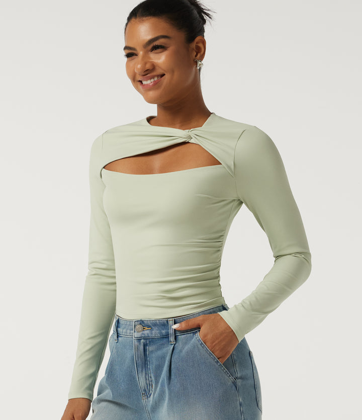 Airy InstantCool Twisted Round Neck Long Sleeve Cut Out Ruched Slim Casual Top — Sea Foam — view 1