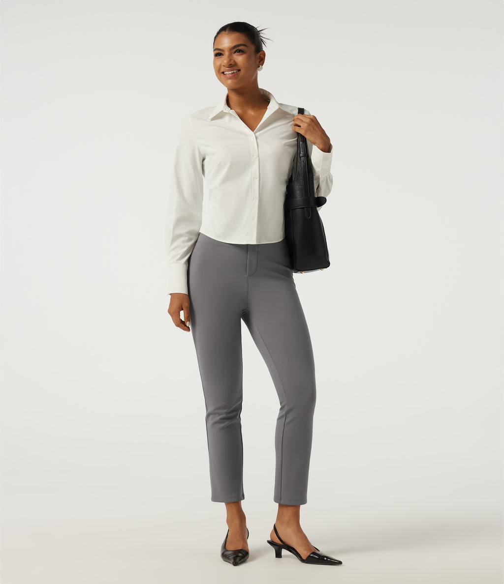 High Waisted Tapered Wrinkle Recovery Work Trousers with Pockets — Silent Storm — view 4