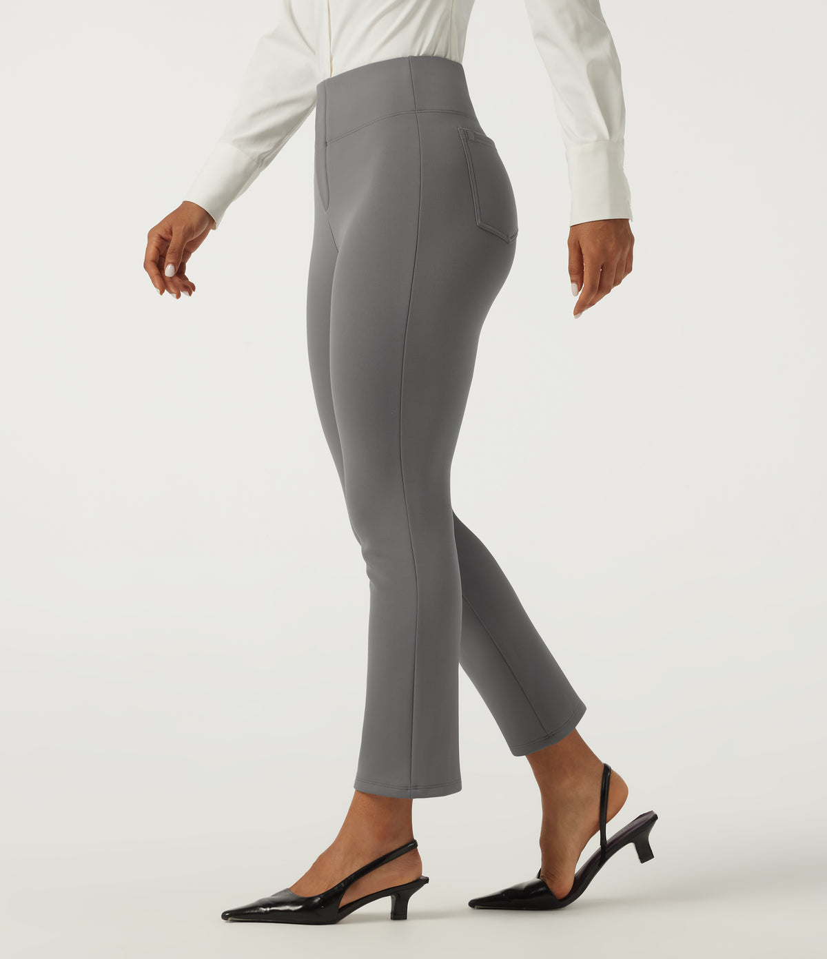 High Waisted Tapered Wrinkle Recovery Work Trousers with Pockets — Silent Storm — view 1