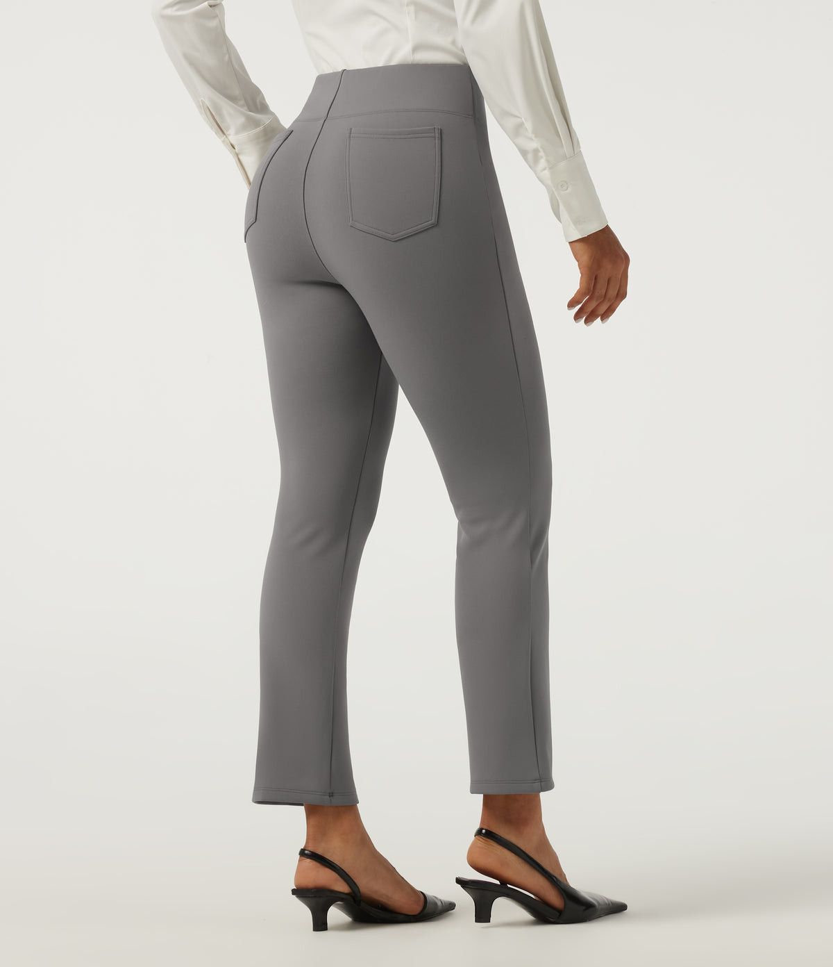 High Waisted Tapered Wrinkle Recovery Work Trousers with Pockets — Silent Storm — view 3